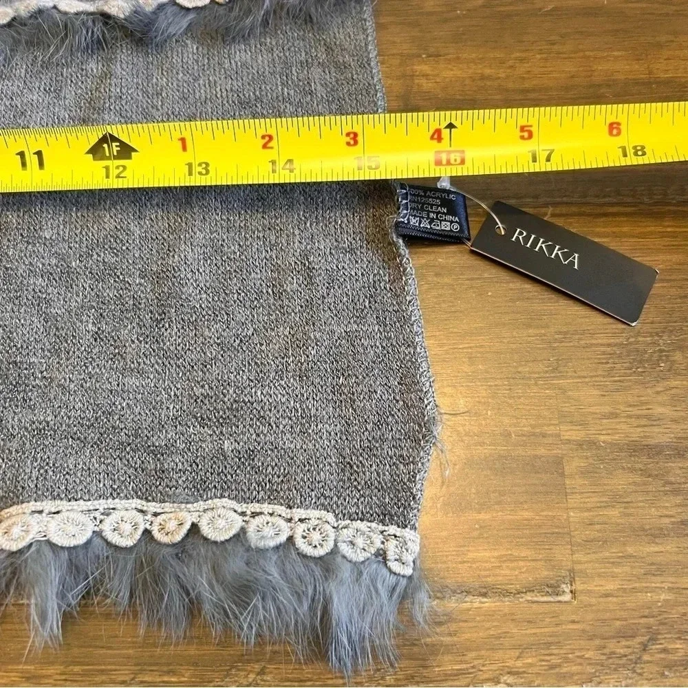 RIKKA Neutral Scarf Embroidery Faux Fur Trim 72 Inches Wrap